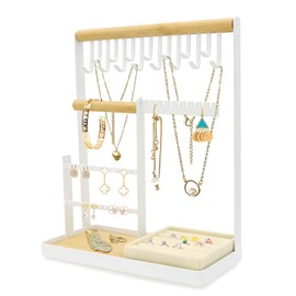 ZYNERY Jewellery Stand, Jewellery Holder, Jewellery Organiser with Ring Base, 15 Hooks, 16 Holes Earring Holder, Jewellery Storage for Necklaces, Bracelets, Rings, White