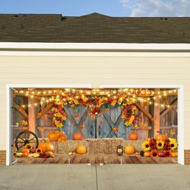 CSFOTO 7x16ft Autumn Pumpkin Garage Door Decoration Banner Harvest Pumpkin Wooden Door Maple Leaf Farm Theme Garage Decoration Wallpaper Thanksgiving Party Indoor Outdoor Decoration Mural Banner
