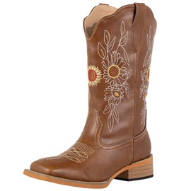 J's.o.l.e Floral Cowboy Boots for Women Square Toe Wide Calf Western Fashion Sunflower Cowgirl Boots Brown US 8