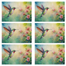 Watercolor Hummingbird Flowers Placemats Set of 6 Linen Table Mats, 12x18 Inch Washable Placemats for Dining Table, Non Slip Heat Resistant Mats for Kitchen Home Decor