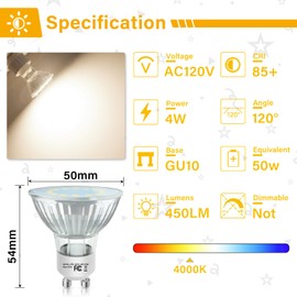 GU10 LED Light Bulbs, 50 Watt Halogen Equivalent, 4000K Natural White GU10 Bulb Replacement for Track&Recessed Lighting, 4W 450 Lumens LED Bulbs for Kitchen, Range Hood, Living Room, 6-Packs
