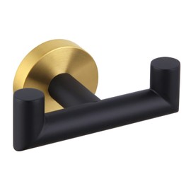 APLusee Double Bath Towel Holder Black & Gold, Stainless Steel Round Dual Coat Robe Hook, Hand Towel Organizer, Utility Home Storage Hanger for Bathroom Toilet Kitchen, Luxury Style