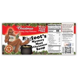 Bigfoot Christmas Mystery Meat Soup Novelty Soup Can Labels - FUNNY GAG Gift - Xmas Stocking Stuffer, White Elephant Party, Secret Santa - Party Decorations, Supplies and Favors - Bigfoot Hunter, Tracker, Sasquatch (10)