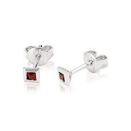 NKlaus Pair of 3.7 mm Square Stud Earrings 925 Sterling Silver Genuine Garnet Earrings Unisex 3769, Sterling Silver, Garnet