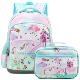 Octsky Backpack for Girls Kids School Backpacks with Lunch Box Preschool Kindergarten BookBag Set With Chest Strap (Castle Unicorn Green)