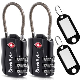 SharkByte TSA Approved Luggage Locks, 3-Dial Security Travel Combination Padlock with Tags, Flexible Cable Wire Travel Lock, Suitcase Locks, Bag, Gym Locker, Small Padlock with Code (Pack of 2)