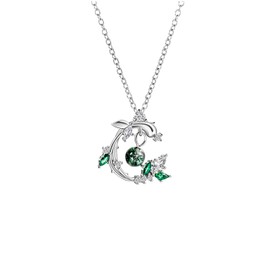 Chain 925 Sterling Silver with Forest Plants Pendant for Women Ladies Green Stone Beads Necklace Zirconia Friendship Happiness Jewellery for Children Teenagers Girls Confirmation Birthday Gift,