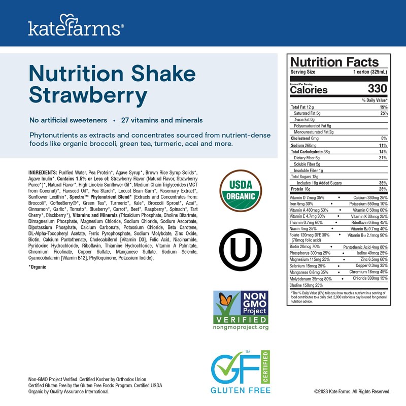 Kate Farms Organic Nutrition Shake, Strawberry, 16g Protein, 27 Vitamins