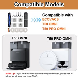 15Pc Replacement Accessories Kit Compatible with Ecovacs Deebot T50 Omni /T50 Pro Omni / T50 Max / T50 Pro Vacuum Cleaner, 1 Roller Brush, 2 Filter, 4 Side Brush, 4 Mop Pad, 4 Dust Bag, 1 clean brush