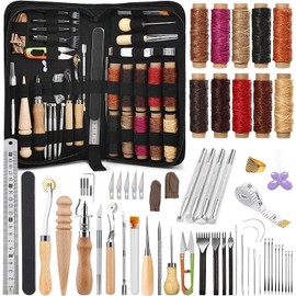 60 Pcs Leather Working Tools Leather Sewing Kit Leather Craft Tools with Storage Bag Stamping Tools Stitching Groover Waxed Thread Prong Punch for Craft Making Stitching and Punching