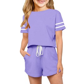 Haloumoning Girls Summer Crop Tops and Shorts Set Cute Color Block Two Piece Outfits Casual Sweat Tracksuit with Side Pockets
