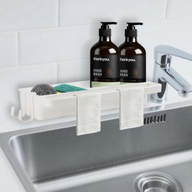 YRYUNRUI Sink Caddy, Kitchen Rust-Free Sink Organiser, Padded Soap Holder with Removable Draining Tray, Hook and Rags Rack, Rags Rack,Washing Up Sponge Holder Tidy for Kitchen