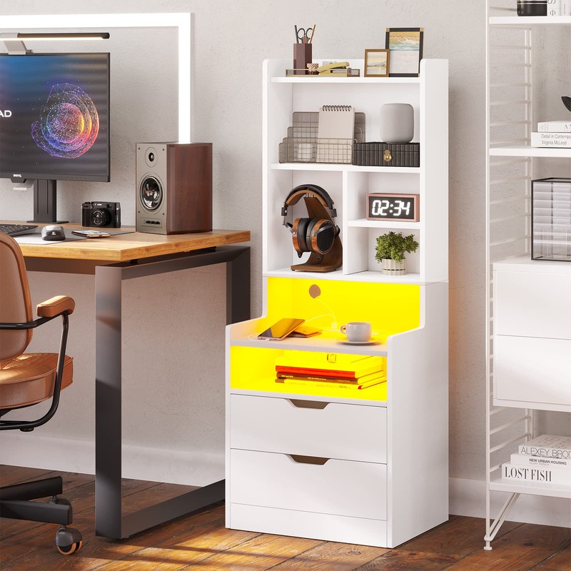 BTHFST Tall Nightstand with Charging Station and LED Lights, White