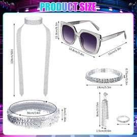 Invalidism 8 Pcs 70s Abba Accessories Set,1970s Abba Costume Set with Sequin Headband Long Scarf Necklace Bracelet Earrings Ring Sunglasses for Disco Theme Party Hippie Costume