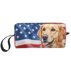 OLUSENMO Golden Retriever American Flag Makeup Bag Small Compact & Durable Travel Cosmetic Bag Organizer Oxford Fabric Impact-Resistant Multi-Purpose Storage Perfect for Travel, Gym, Daily Use