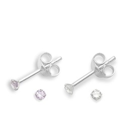 Set of 2 PAIRS Sterling Silver Cubic Zirconia stud Earrings - SIZE: TINY 2mm - Very Small & discreet - Lavender (Mauve) & Clear. 5549LAV/SET