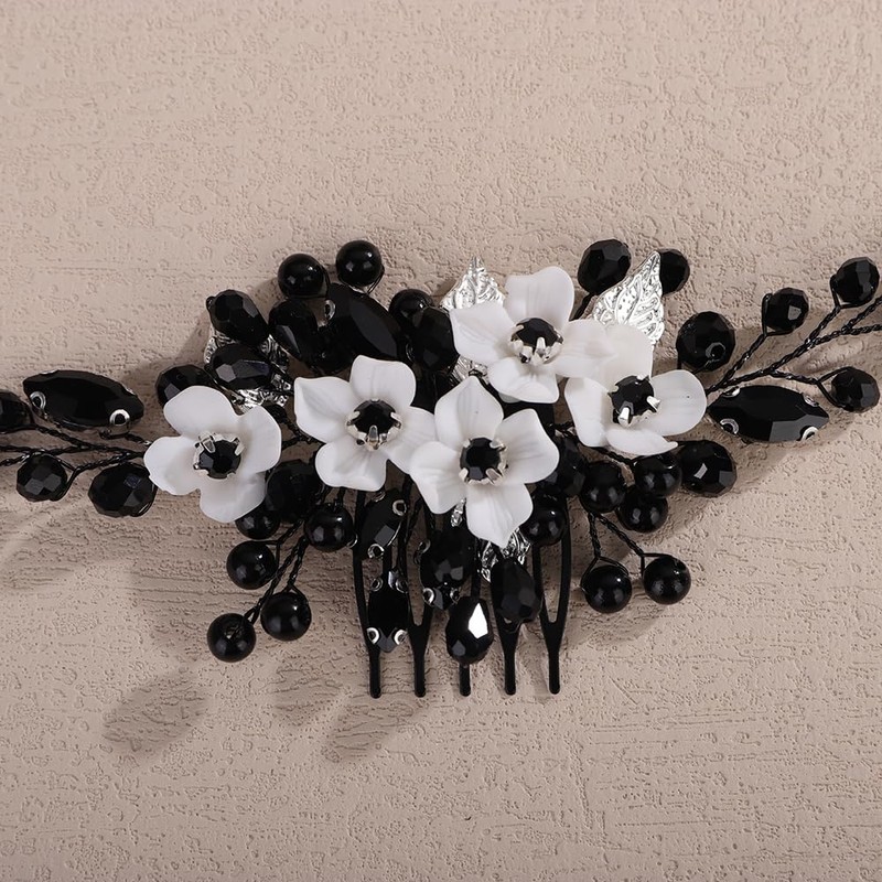 Rumtock White Flower with Black Crystal Beads Hair Comb for