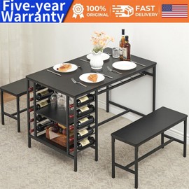 GRVEE Dining Table Set for 4 3 Pieces Kitchen Table Set W/2 Benches 2-Tier Wine Rack