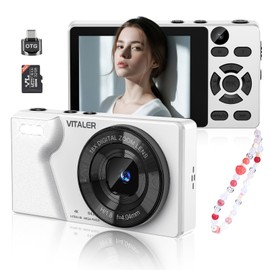 Digital Camera 64MP Photo Camera 4K with Double Lens, Zinc Alloy Housing, 2.8 Inch LCD Screen, 32GB Micro SD Card, 18X Digital Zoom and OTG Adapter Compact Camera for Teenagers, Beginners (White)