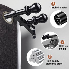 CALCHELE Double Curtain Rods for windows, 1 Inch Diameter double rod curtain rods Heavy Duty Decorative Drapery Rod for Windows 48 to 84 Inch Black
