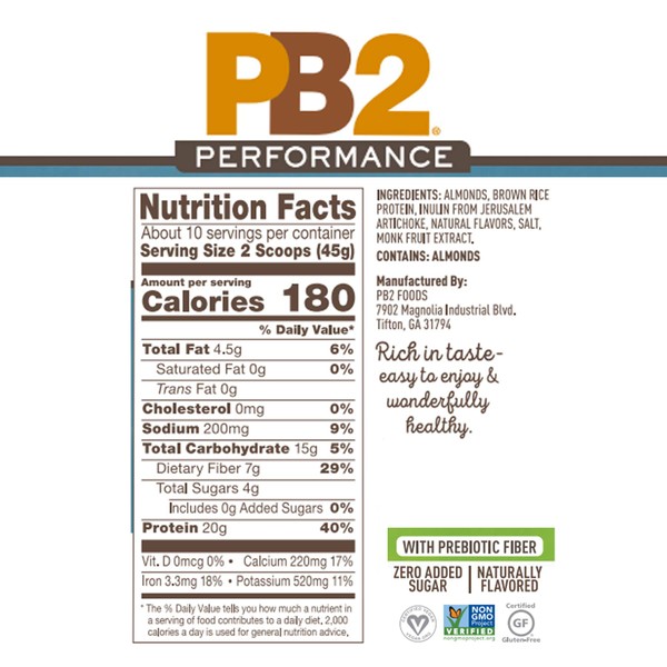 PB2 Performance Almond Protein Powder with Madagascar Vanilla – [1 lb/16 oz Jar] – 20g of Vegan Plant Based Protein Powder, Non GMO, Gluten Free, Non Dairy