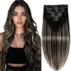 Doupor Clip-In Real Hair Extensions, 50 cm, 8 Pieces, Remy Hair Extensions, Soft, Natural, Handmade, Real Hair, Long, Straight, Clip-In Extensions, Real Hair, 105 g, #1BT1BPGREY