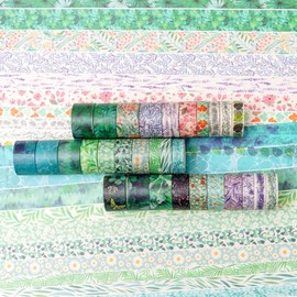 YUBX Basic Washi Tape Pack 30 Rolls Solid Colors Decorative Grid Patterns Masking Tapes for Arts, DIY Crafts, Journals, Planners, Scrapbook, Wrapping (Flowers & Plants)