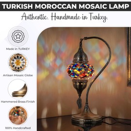 DEMMEX Turkish Moroccan Table Lamp, Swan Neck Tiffany Style Mosaic Glass Table Desk Bedside Lamp for Bedroom, Living Room – Handcrafted in Turkey, LED Bulb Included, Lilac
