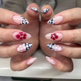 Almond Shape Press on Nails Fake Nails Medium with Nude Pink Black Leopard Flower Designs French Tip False Nails Almond Medium Full Cover Glue on Nails Glossy Acrylic Thick Stick on Nails for Women Girls 24Pcs YLW753