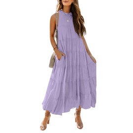 HAEOF Women's 2025 Summer Dress Tiered Ruffle Flowy Long Sundress Casual Halter Sleeveless Boho Beach Maxi Dresses(Light Purple, S)
