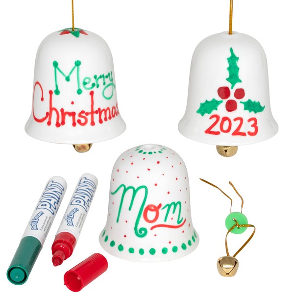 READY 2 LEARN Christmas Crafts - Design Your Own Porcelain Bells - Craft Kit for Kids - Christmas Tree Decorations - All Materials Included, Green,Red, Set of 3