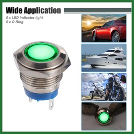 Motoforti 5 Pcs LED Indicator Light 16mm 12V AC DC Metal Shell Waterproof Pilot Dash Signal Lamp for Car Truck Boat Internal Green Long-lasting