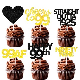 18pcs Black Gold Glitter Dessert Cupcake Pick for Straight Outta 1925 Cheer to 99 Years Old Theme Decor Supplies Happy 99th Birthday Party Decoration
