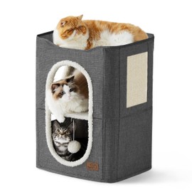 Bedsure 2 Story Cat House - Cat Condos for Indoor Cats with Scratch Pad and Fluffy Ball Hanging, Small Pet Cave Furniture Hideaway for Multi Pets, 18x14x23 inches, Dark Grey