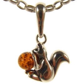 Baltic amber and sterling silver 925 squirrel pendant necklace with 1mm Italian sterling silver 925 snake chain