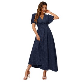 Simplee Women's Boho Floral V Neck Short Sleeve Formal Maxi Dress Summer Long Flowy Lace Bridesmaid Wedding Party Evening Dress (L Navy Blue)