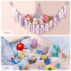 Stuffed Animal Storage with Fairy Lights, Toy Storage Organizer Hanging Stuffed Animal Hammock with Lace Tassels, Stuffy Storage Hammock for Play Room, Kids Bedroom, Girls Cute Room Decor Purple