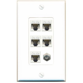 Wallplate City [6 Ports] 5 Cat5e-Ethernet and 1 x Coax Wall Plate - 1 Gang [White/White]