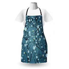 Lunarable Floral Apron, Sakura Tree Branches Pale Japanese Cherry Blossom Spring Form, Unisex Kitchen Bib with Adjustable Neck for Cooking Gardening, Adult Size, Aqua