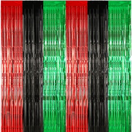Wavwavw 12 Pcs Juneteenth Decorations Red Black Green Foil Fringe Curtain Backdrop 100 x 39 Inch Metallic Foil Fringe Tinsel Decor African American Decorations for Party Photo Props