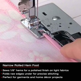 Singer Narrow Rolled Hem Foot for Low-Shank Sewing Machines, 1/8 Inch Hem, Light to Medium Weight Fabrics, Couch Over Narrow Cord - Sewing Made Easy