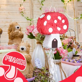 Charniol Mushroom Pinata with Stick and Blindfold, Paper, Baby Shower, Fantasy Theme Decoration