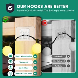 Spiglamm Hooks for Outdoor String Lights-200Pcs Heavy Duty Hooks with Adhesive Strips，No Holes, No Tools, No Drill Light Clips, Perfect for Christmas and Patio Decor.- Outdoors Sticky Clip