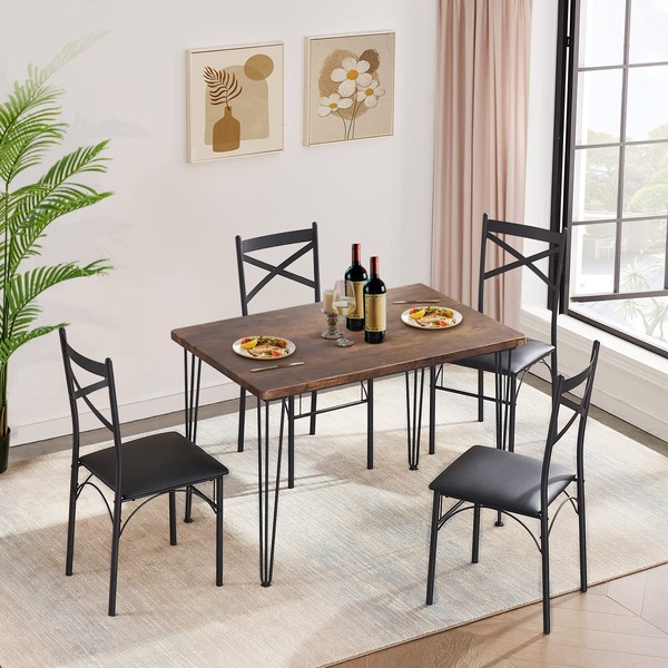 VECELO Kitchen Dining Room Table Set for Dinette, Breakfast Nook, 4 PU Metal Frame Chairs,Rectangular, Seating for Four, Brown