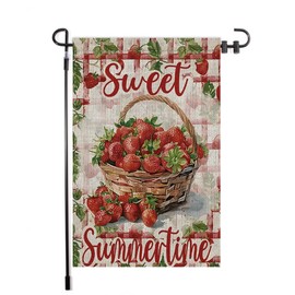 Sweet Summer Time Strawberries Decorative Garden Flag, Red Fruit Plaid Check Farmhouse Yard Outside Decorations, Seasonal Burlap Outdoor Small Home Decor Double Sided 12 x 18