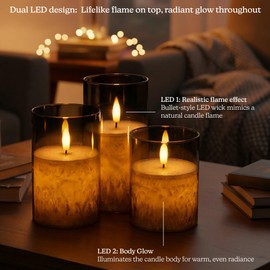 West Ivory Dual LED Full Body Glow w/Metallic Mirrored Tinted Glass Mottled Crystallized Frosted Texture Pillar Candles, 3D Wick, Flicker Flame, Battery Operated, Remote & Timer (Set of 3, Silver)