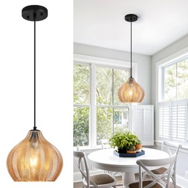 LBSQJ Amber Glass Pendant Lights Kitchen Island 1 Light 10.43 in Glass Globe Pendant Light Fixture Adjustable Modern Farmhouse Pendant Lighting for Bedroom Dining Room (1 Pack)