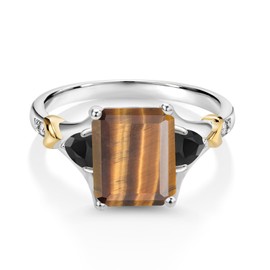 Gem Stone King 925 Silver and 10K Yellow Gold Brown Tiger Eye and Black Onyx and Diamond Engagement Ring For Women (3.26 Cttw, Emerald Cut 10X8MM, Trillion 3.5MM) (Size 5)