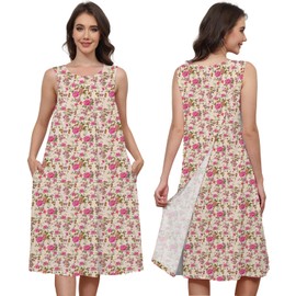 Liokoc Hospital Gowns for Women Tear Away Snap Open Back Post Shoulder Surgery Sleeveless Adaptive Clothing with Pockets Pink Flower