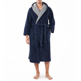 DAVID ARCHY Men's Soft Plush Fleece Robe Full Length Hooded Long Bathrobe for Men with Hood (XL, Navy Blue- Shu Velveteen)